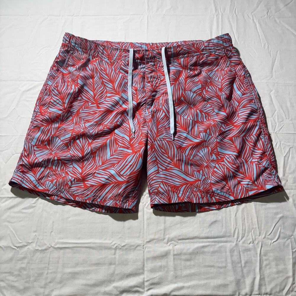 Capelle Mens Large Tropical Palm Leaf Swim Trunks Red Blue Lined